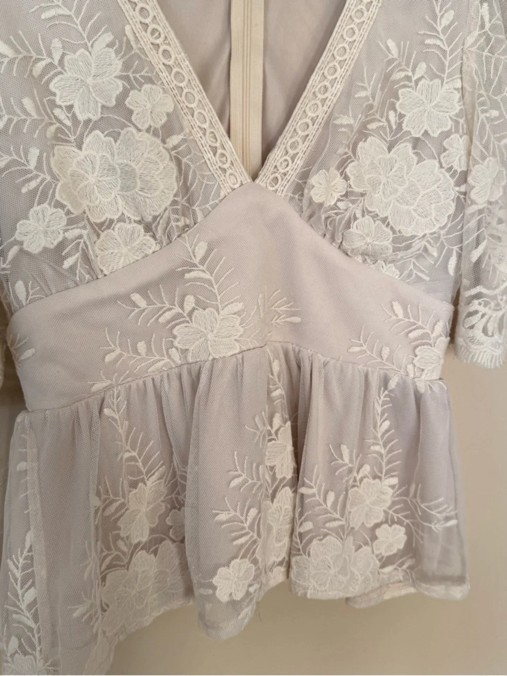 A Calin Lace Peplum Top Boho Cottagecore Sheer Floral Romantic Blouse - Picture 4 of 9